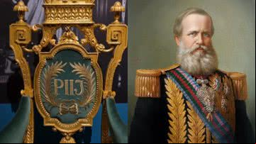 Detalhes do trono de Dom Pedro II (à esqu.) e o imperador (à dir.) - Reprodução/Vídeo/Museu Imperial