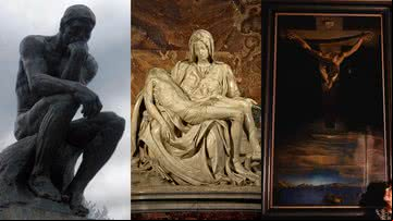 'O Pensador', de Auguste Rodin, 'Pietà', de Michelangelo, e 'Cristo de São João da Cruz', de Salvador Dalí, respectivamente - Fotos por Jeanne Menjoulet e Stanislav Traykov pelo Wikimedia Commons / Getty Images