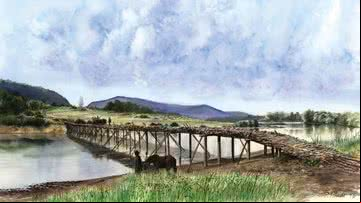 Ilustração da ponte construída pelos celtas no final da Idade do Ferro - Divulgação/Parque e Museu Arqueológico, Neuchâtel