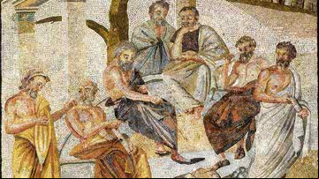 Mosaico encontrado em Pompeia representa a Academia de Platão, de 387 a.C. - Getty Imagens