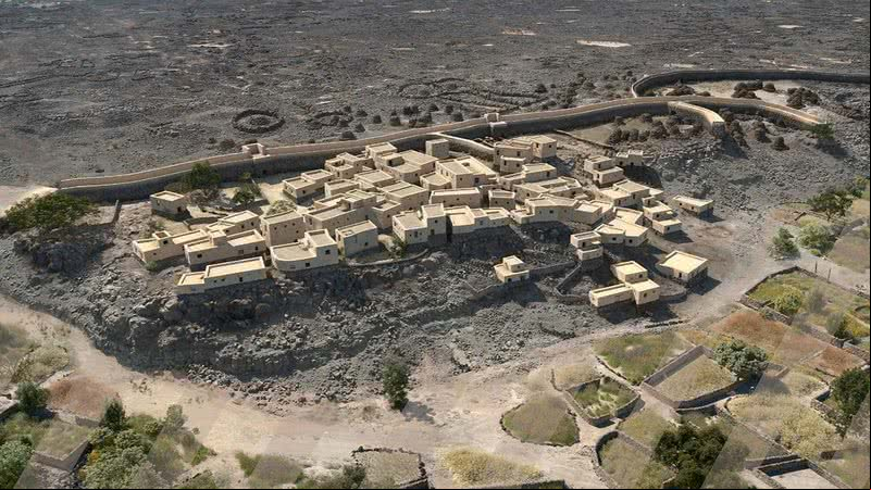 Reconstrução virtual em 3D do assentamento da Idade do Bronze descoberto na Arábia Saudita - Divulgação/Guillaume Charloux