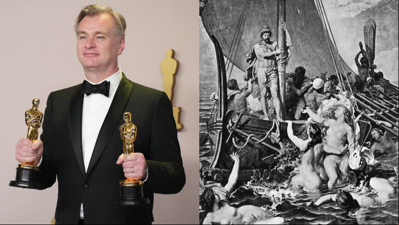 Christopher Nolan (à esqu.) e ilustração de "A Odisseia" (à dir.) - Getty Imagens