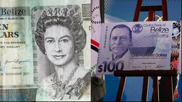 Antiga nota de 10 dólares de Belize (à esquerda) e desenho da nova nota de 100 dólares de Beliza (à direita) - Divulgação/Governo de Belize e Gabinete de imprensa do Governo de Belize