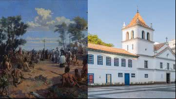 A obra "Fundação da Cidade de São Paulo" e o Pátio do Colégio - José Rosael/Hélio Nobre/Acervo do Museu Paulista e Wilfredor via Wikimedia Commons