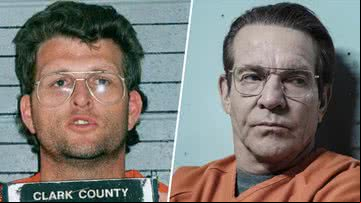 Keith Hunter Jesperson (à esq.) e Dennis Quaid (à dir.) como o assassino em Happy Face - Gabinete do Xerife do Condado de Clark; Divulgação