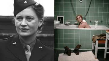 Lee Miller na vida real (à esqu.) e cena do filme (à dir.) - U.S. Army Official Photograph e Divulgação