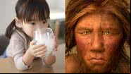 Imagem ilustrativa de menina asiática bebendo leite e reconstrução de face de mulher neandertal - Getty Images