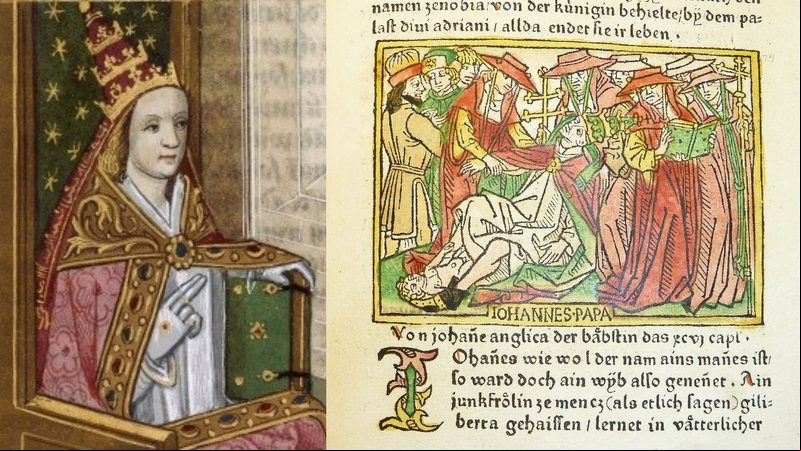 Ilustração representando Joana; à direita, a papisa dando à luz - Domínio público/Museu Britânico
