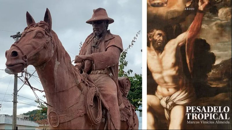 Montagem mostrando capa do livro e monumentos em homenagem a Januário Garcia - Divulgação/Marcos Vinícius Almeida