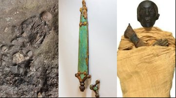Esqueleto de Xingyi_EN, espada celta e múmia de Tutmés II - Divulgação/Instituto de Relíquias Culturais e Arqueologia de Yunnan / Divulgação/Inrap/Flore Giraud / Divulgação/Museu Nacional da Civilização Egípcia