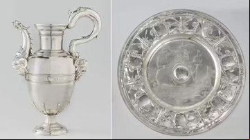 À esquerda, jarra de prata feita com metal da frota espanhola capturada em 1628; à direita, bacia de prata produzida depois - Divulgação/inv. NG-NM-583 e inv. NG-NM-582