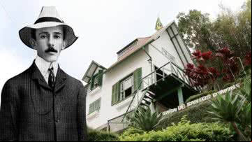 Montagem mostrando Santos Dumont e fotografia de sua casa - Divulgação/ Conhecendo Museus e Divulgação/ Domínio Público