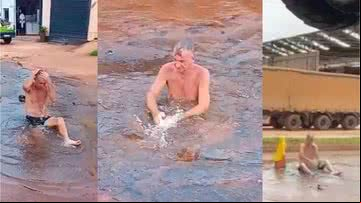 Morador tomou banho em um buraco como forma de protesto - Divulgação / Redes Sociais