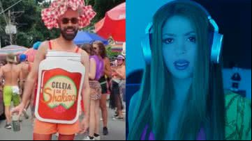 À esquerda, foto de fantasia de 'geleia da Shakira' e, à direita, SHakira em novo videoclipe - Reprodução / Vídeo / Youtube