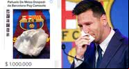 Anúncio do lenço (esq.) e Lionel Messi enxugando as lágrimas (dir.) - Divulgação / Mercado Livre / Getty Images