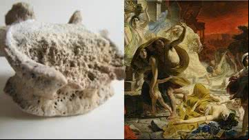 Vértebra lombar (à esqu.) e pintura da tragédia (à dir.) - Divulgação e omínio Público
