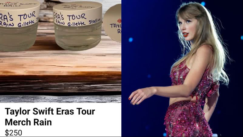 Anúncio da venda da água de show da cantora Taylor Swift - Reprodução/Internet e Getty Images
